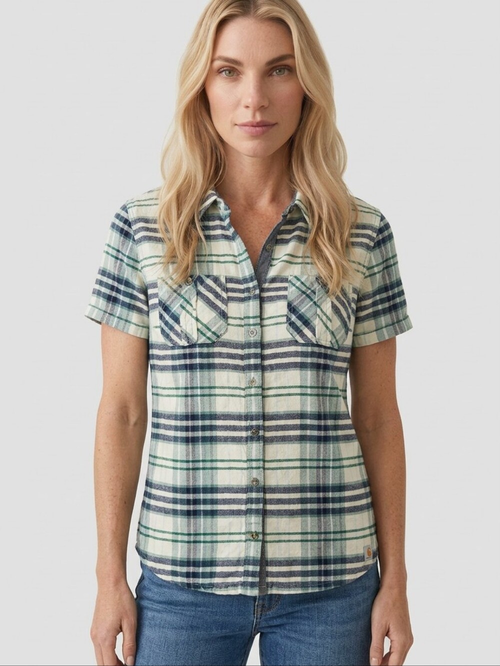 Carhartt Mint Green & Navy Plaid Short-Sleeve Button-down Shirt